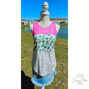 *** Cactus & Leopard Sleeveless Tank Top - Pink & Green - Crazy Train - SMALL